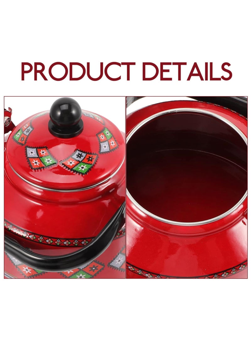 Vintage Enamel Teapot Stainless Steel Tea Kettle Camping Coffee Kettle Floral Hot Water Boiler Pot for Home Kitchen Red 1.1L - Image 2